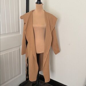 Camel Open-Front Long Drape Cardigan